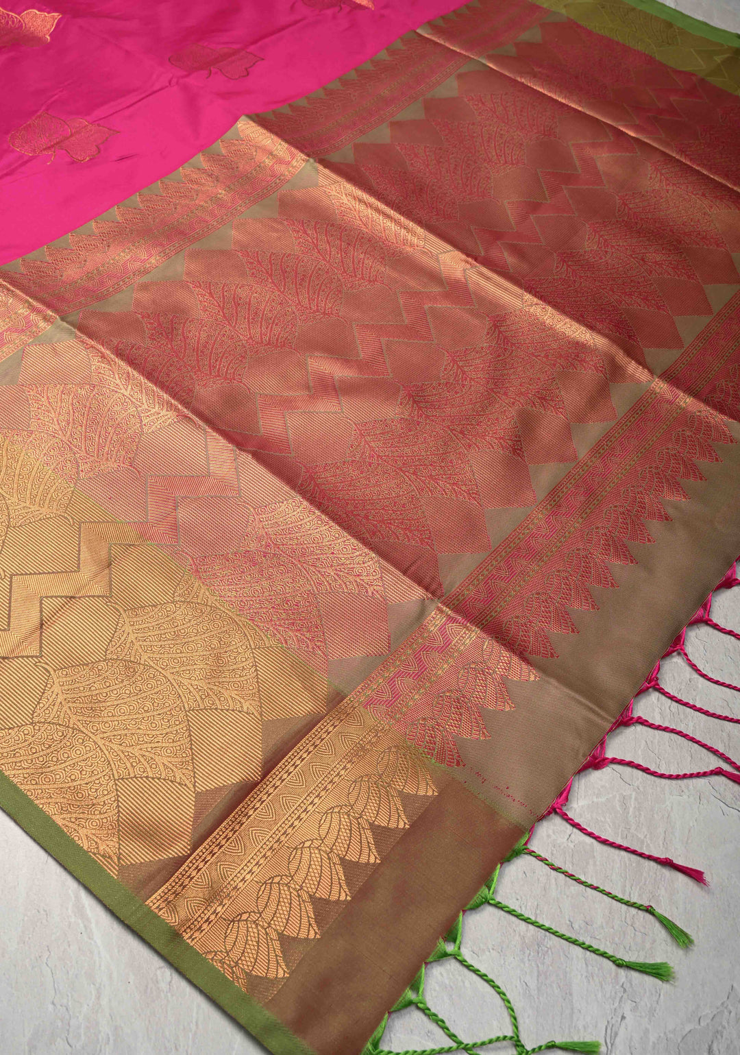 Deep Pink Kanchi Semi Silk Saree with Leaf Buttas and Zari Border