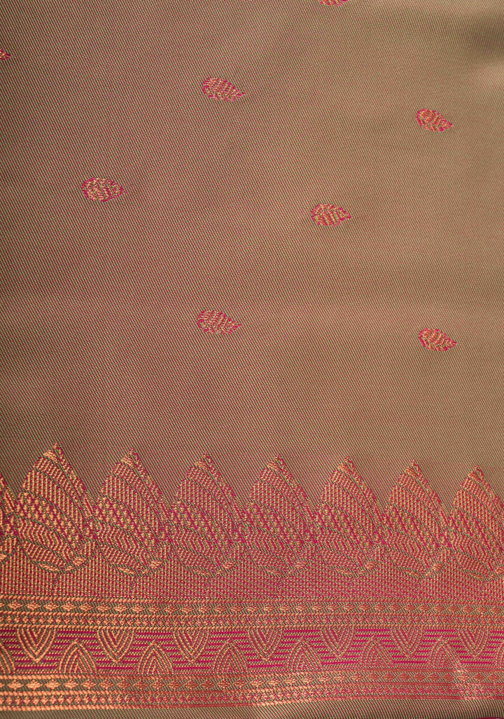 Deep Pink Kanchi Semi Silk Saree with Leaf Buttas and Zari Border