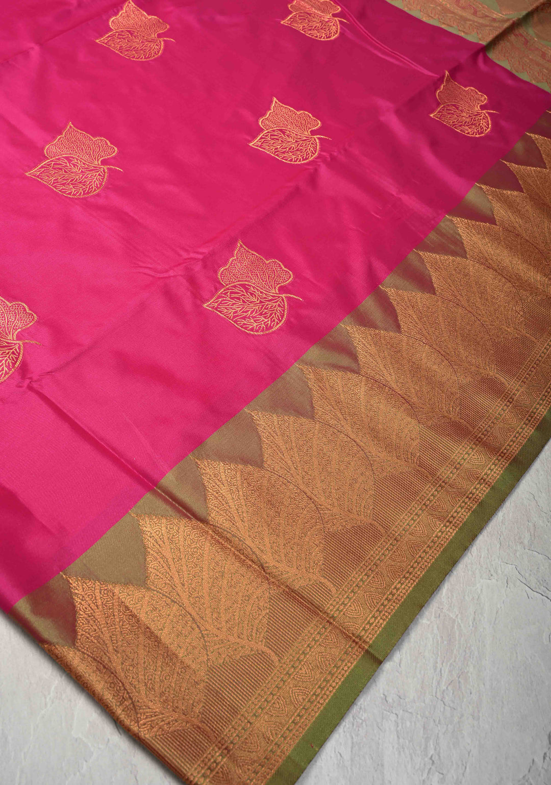Deep Pink Kanchi Semi Silk Saree with Leaf Buttas and Zari Border