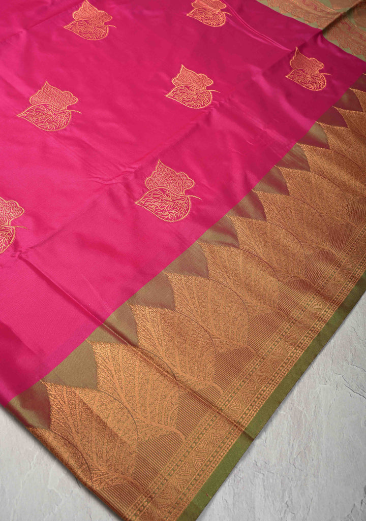 Deep Pink Kanchi Semi Silk Saree with Leaf Buttas and Zari Border