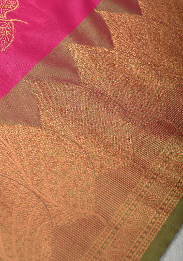 Deep Pink Kanchi Semi Silk Saree with Leaf Buttas and Zari Border