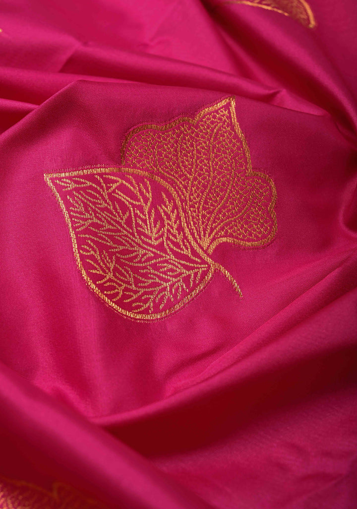 Deep Pink Kanchi Semi Silk Saree with Leaf Buttas and Zari Border