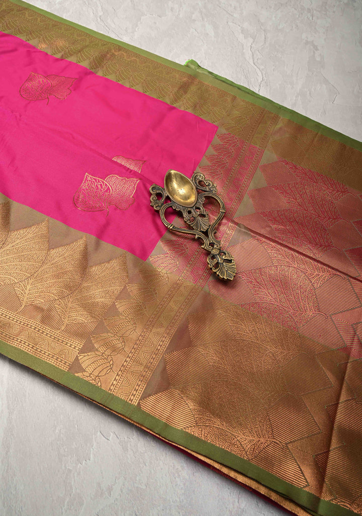 Deep Pink Kanchi Semi Silk Saree with Leaf Buttas and Zari Border