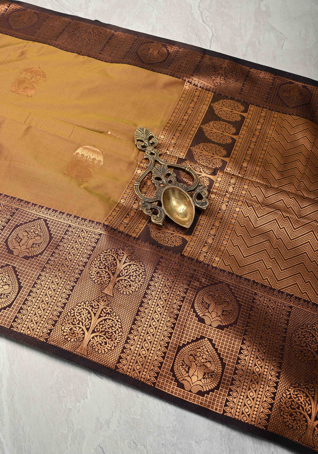 Camel Brown Dual tone Kanchi Semi Silk Saree with Peacock Buttas and Contrast Zari Border