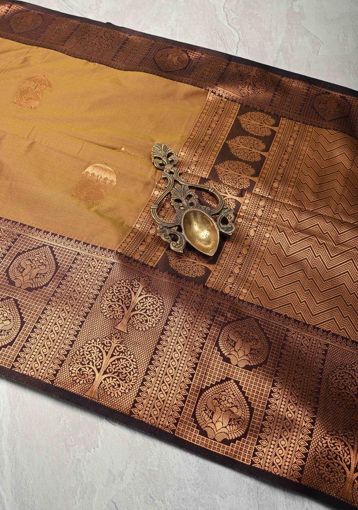 Camel Brown Dual tone Kanchi Semi Silk Saree with Peacock Buttas and Contrast Zari Border