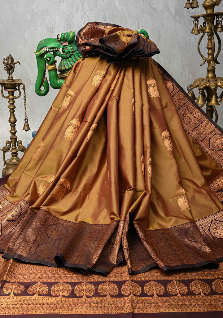 Camel Brown Dual tone Kanchi Semi Silk Saree with Peacock Buttas and Contrast Zari Border