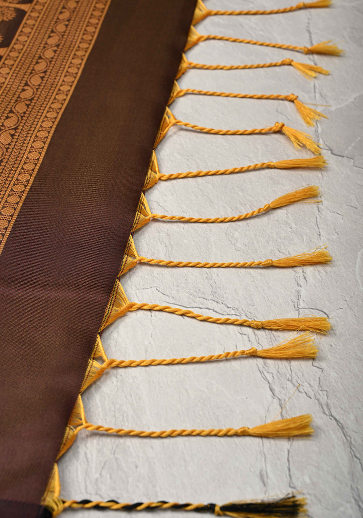 Camel Brown Dual tone Kanchi Semi Silk Saree with Peacock Buttas and Contrast Zari Border