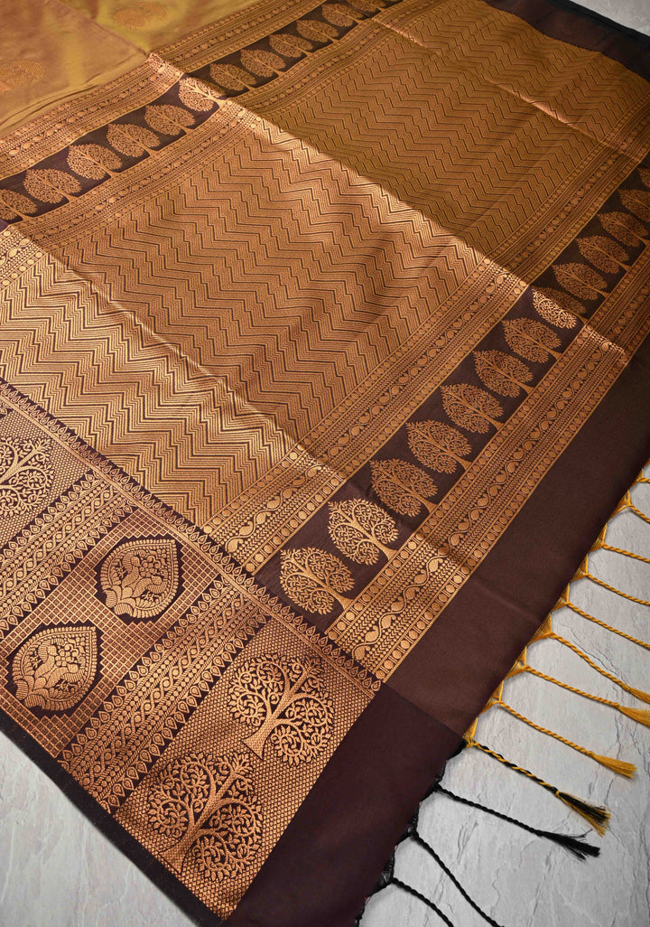 Camel Brown Dual tone Kanchi Semi Silk Saree with Peacock Buttas and Contrast Zari Border