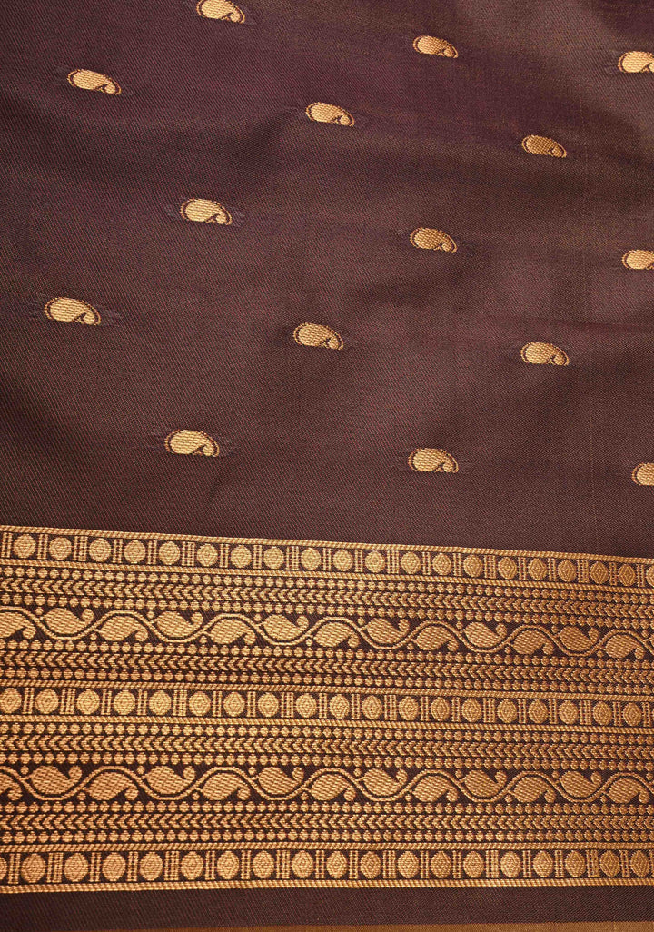 Camel Brown Dual tone Kanchi Semi Silk Saree with Peacock Buttas and Contrast Zari Border