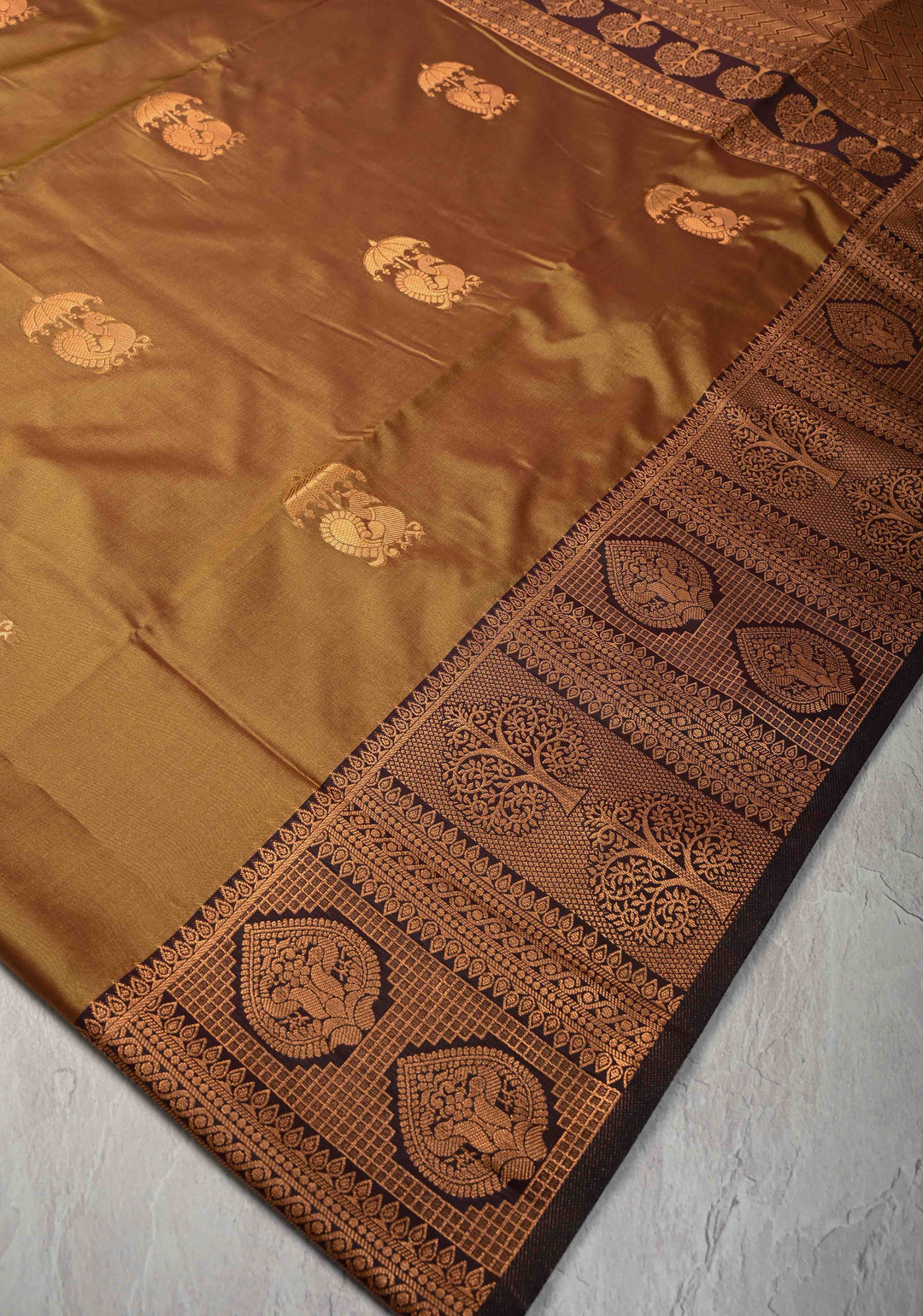Camel Brown Dual tone Kanchi Semi Silk Saree with Peacock Buttas and Contrast Zari Border