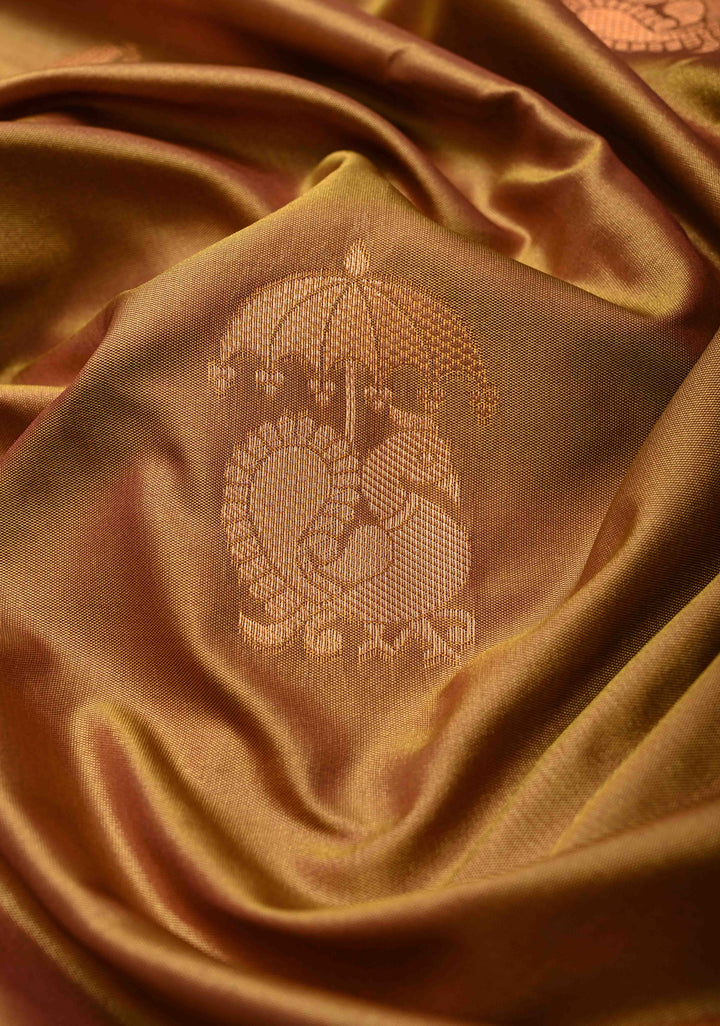 Camel Brown Dual tone Kanchi Semi Silk Saree with Peacock Buttas and Contrast Zari Border