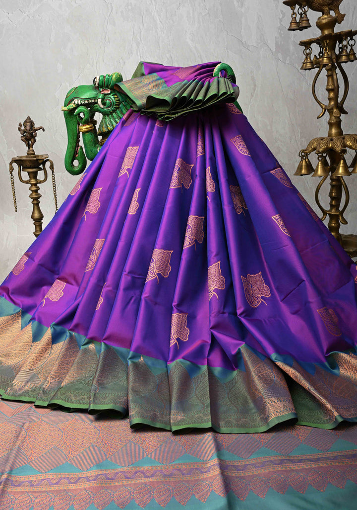 Purple Dual tone Kanchi Semi Silk Saree with Leaf Buttas and Zari Border
