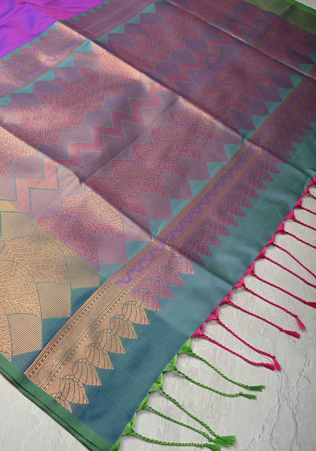 Purple Dual tone Kanchi Semi Silk Saree with Leaf Buttas and Zari Border