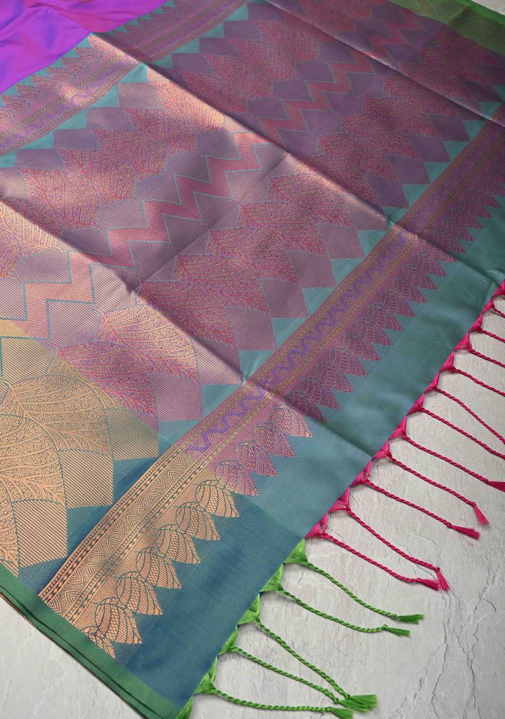 Purple Dual tone Kanchi Semi Silk Saree with Leaf Buttas and Zari Border
