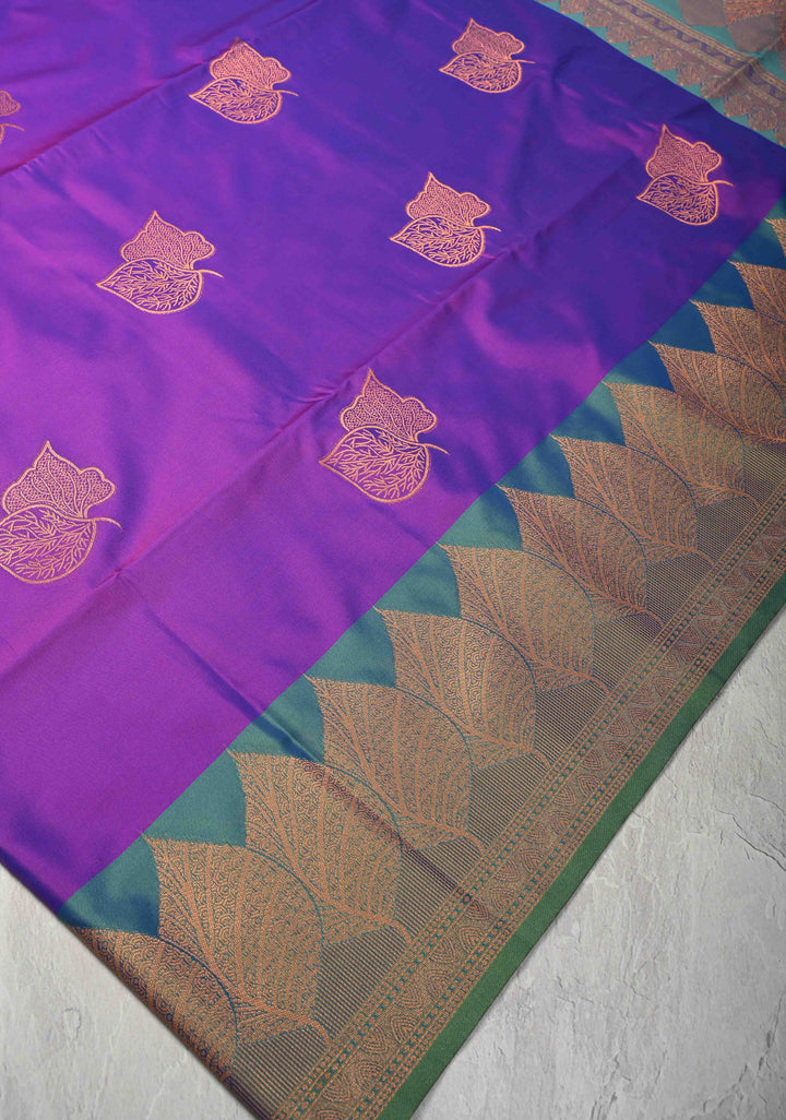 Purple Dual tone Kanchi Semi Silk Saree with Leaf Buttas and Zari Border