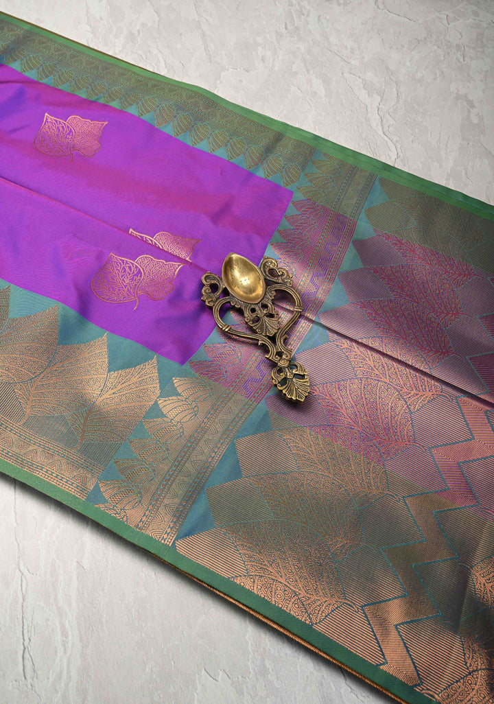 Purple Dual tone Kanchi Semi Silk Saree with Leaf Buttas and Zari Border
