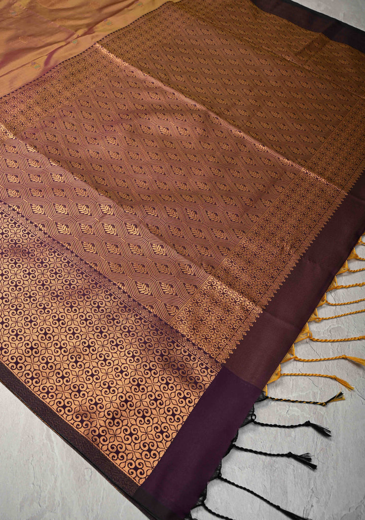Brown Dual tone Kanchi Semi Silk Saree with Meenakari Floral Buttas and Contrast Zari Border