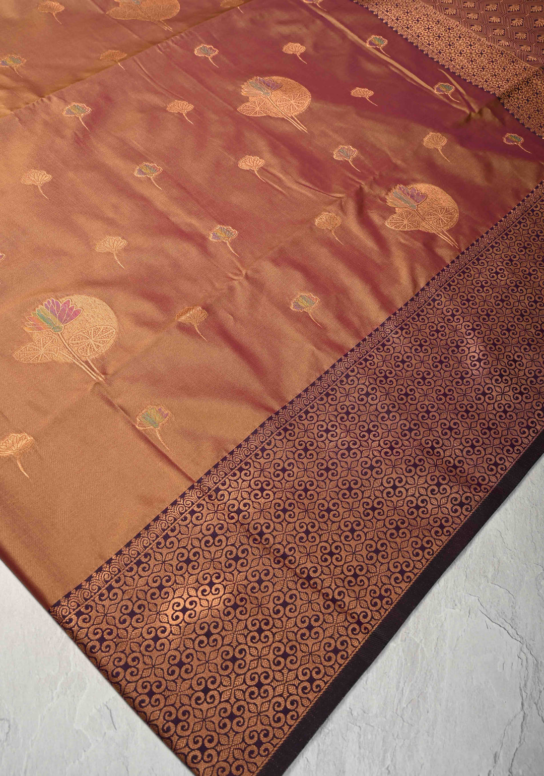 Brown Dual tone Kanchi Semi Silk Saree with Meenakari Floral Buttas and Contrast Zari Border