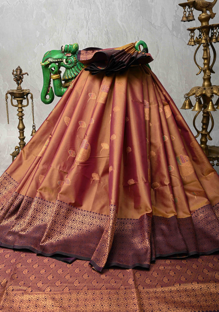 Brown Dual tone Kanchi Semi Silk Saree with Meenakari Floral Buttas and Contrast Zari Border