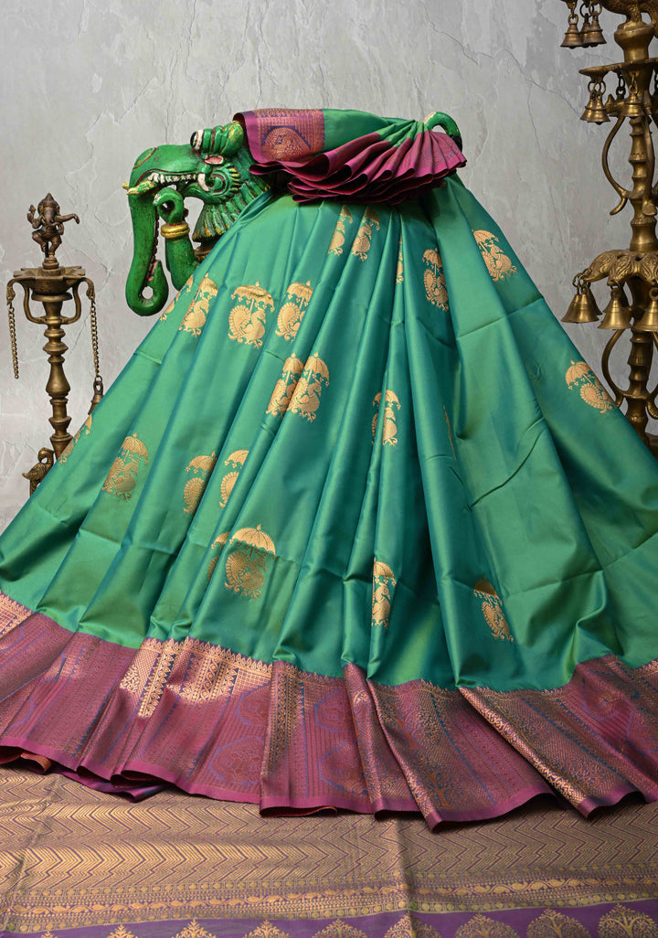 Green Dual tone Kanchi Semi Silk Saree with Peacock Buttas and Contrast Zari Border