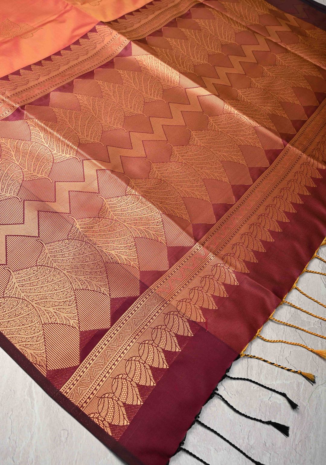 Orange Dual tone Kanchi Semi Silk Saree with Leaf Buttas and Contrast Zari Border