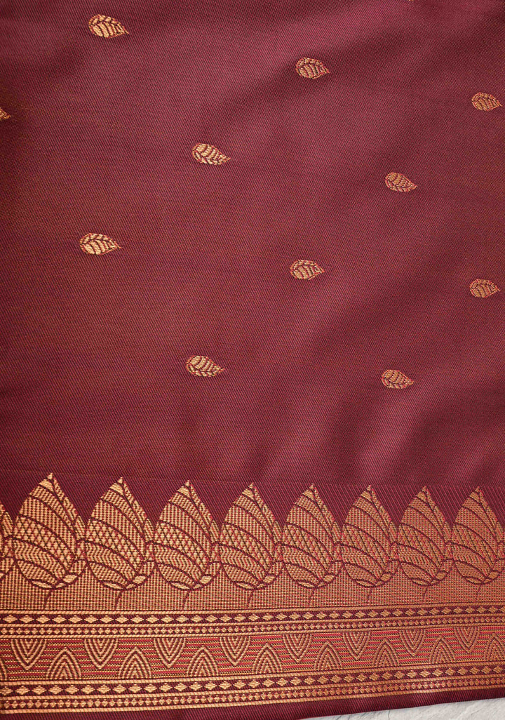 Orange Dual tone Kanchi Semi Silk Saree with Leaf Buttas and Contrast Zari Border