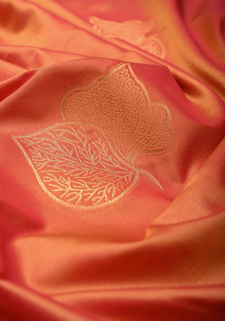 Orange Dual tone Kanchi Semi Silk Saree with Leaf Buttas and Contrast Zari Border