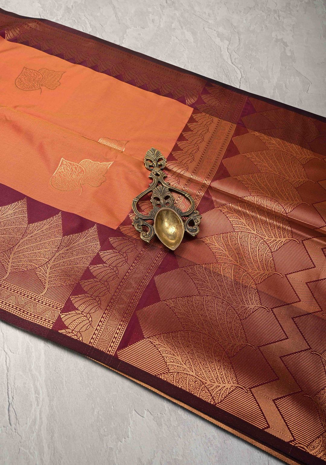 Orange Dual tone Kanchi Semi Silk Saree with Leaf Buttas and Contrast Zari Border