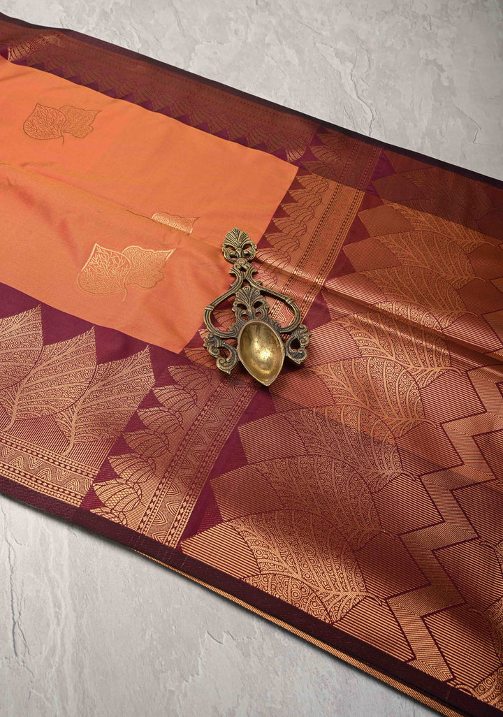 Orange Dual tone Kanchi Semi Silk Saree with Leaf Buttas and Contrast Zari Border