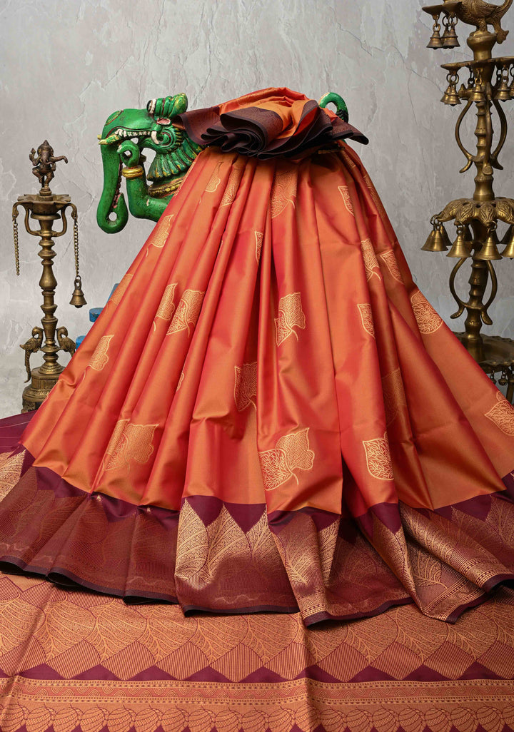 Orange Dual tone Kanchi Semi Silk Saree with Leaf Buttas and Contrast Zari Border