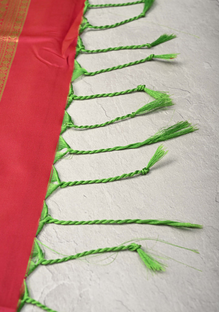 Green Dual tone Kanchi Semi Silk Saree with Peacock Buttas and Contrast Zari Border