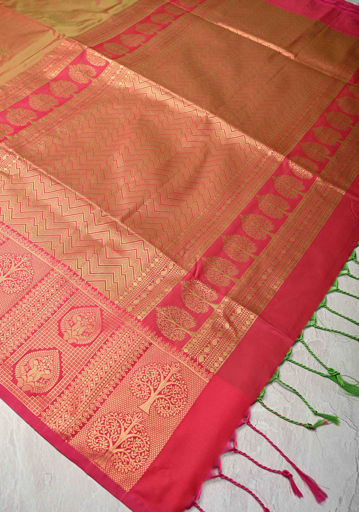 Green Dual tone Kanchi Semi Silk Saree with Peacock Buttas and Contrast Zari Border