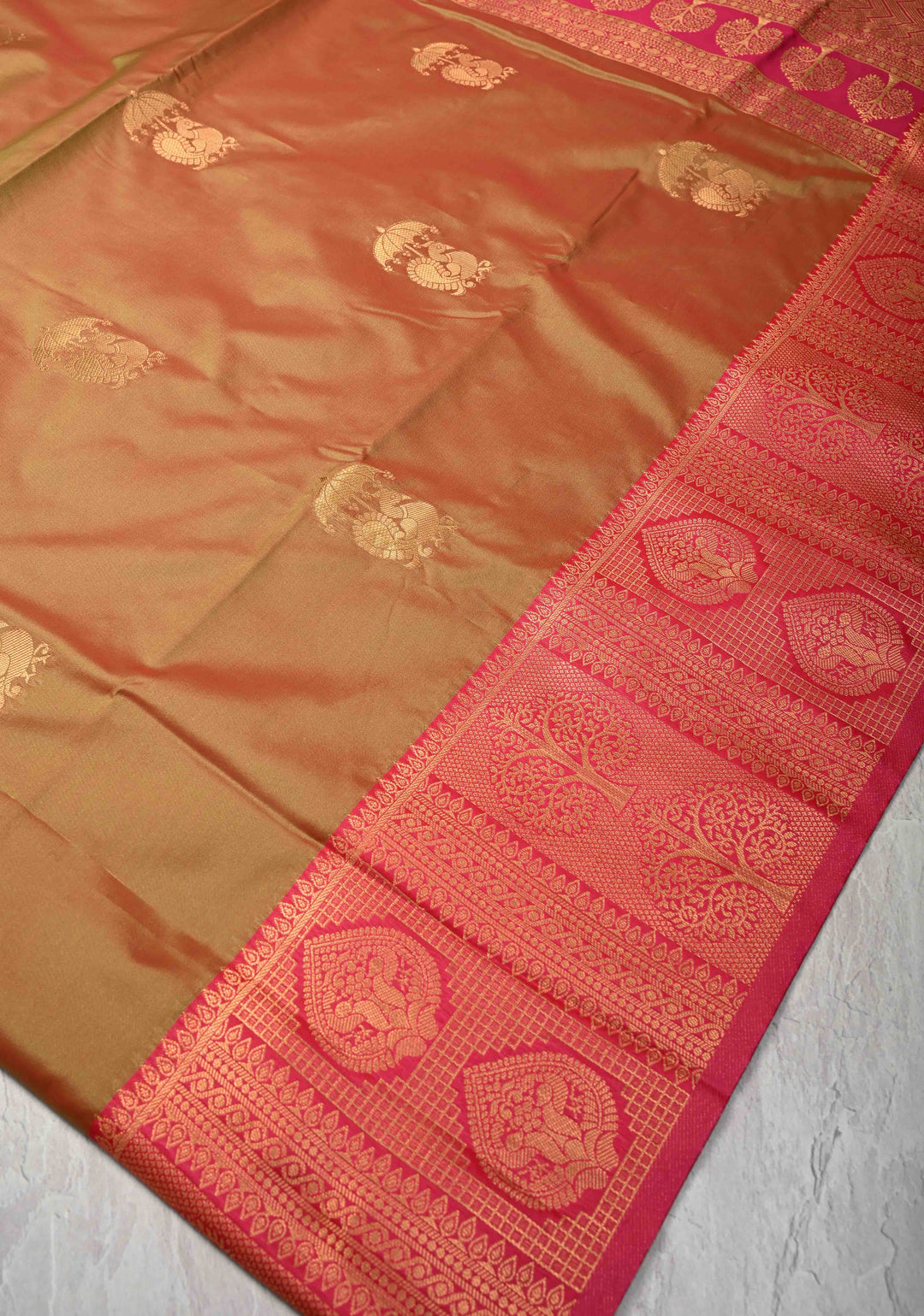 Green Dual tone Kanchi Semi Silk Saree with Peacock Buttas and Contrast Zari Border