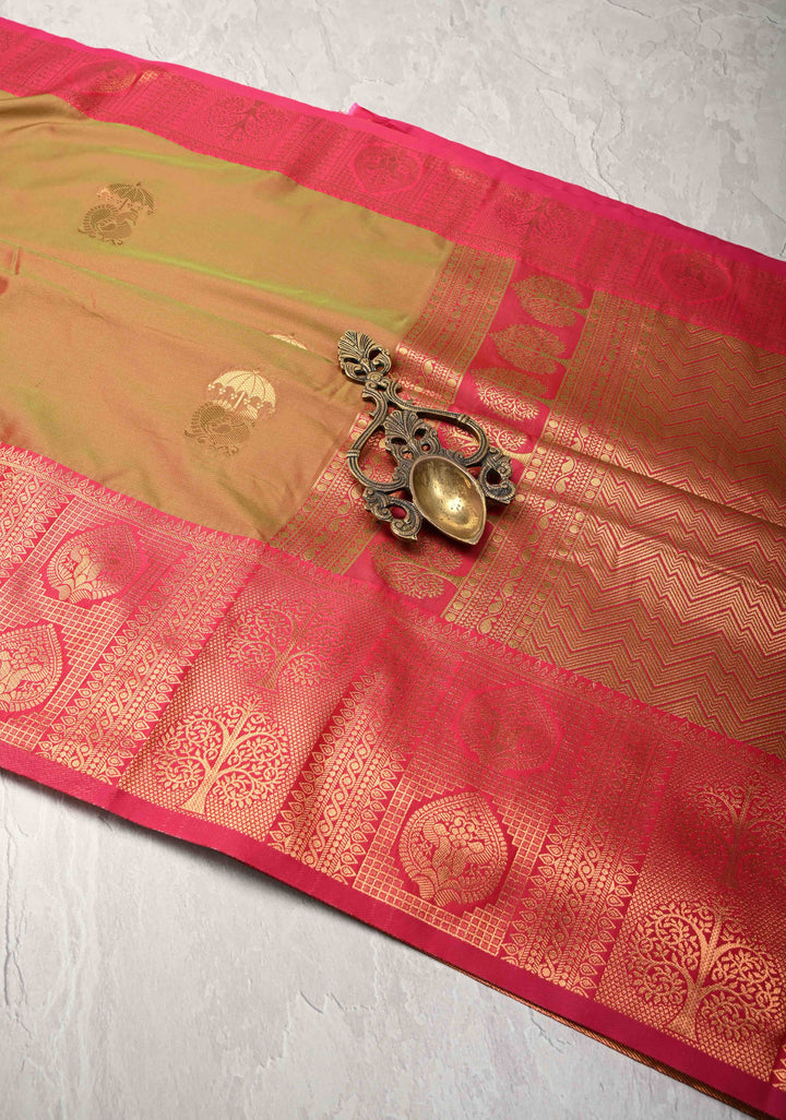 Green Dual tone Kanchi Semi Silk Saree with Peacock Buttas and Contrast Zari Border