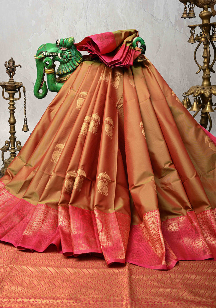 Green Dual tone Kanchi Semi Silk Saree with Peacock Buttas and Contrast Zari Border
