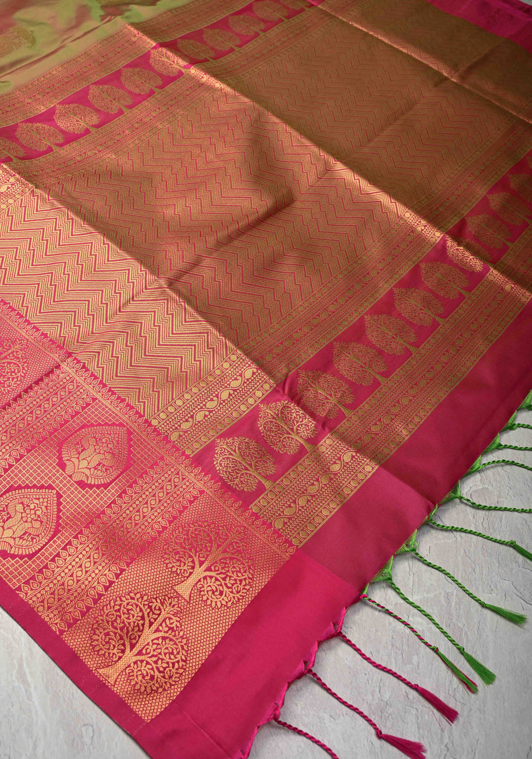 Green Dual tone Kanchi Semi Silk Saree with Peacock Buttas and Contrast Zari Border