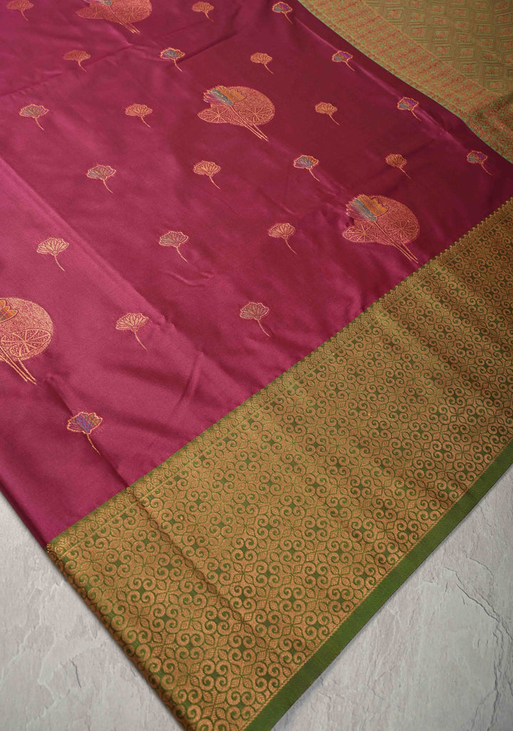 Magenta Kanchi Semi Silk Saree with Meenakar Floral Buttas and Contrast Zari Border