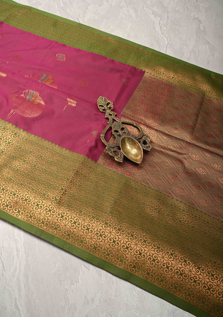 Magenta Kanchi Semi Silk Saree with Meenakar Floral Buttas and Contrast Zari Border