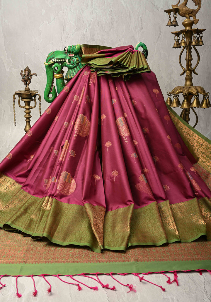 Magenta Kanchi Semi Silk Saree with Meenakar Floral Buttas and Contrast Zari Border