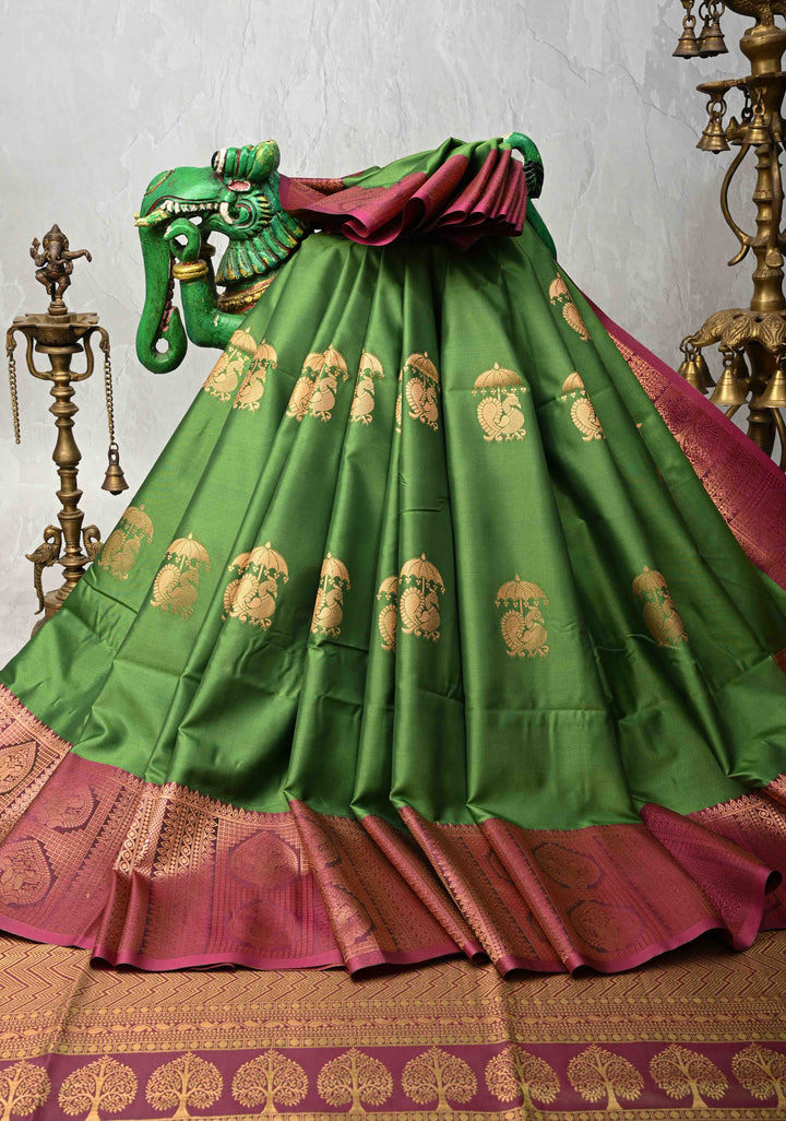 Sap Green Kanchi Semi Silk Saree with Peacock Buttas and Contrast Zari Border