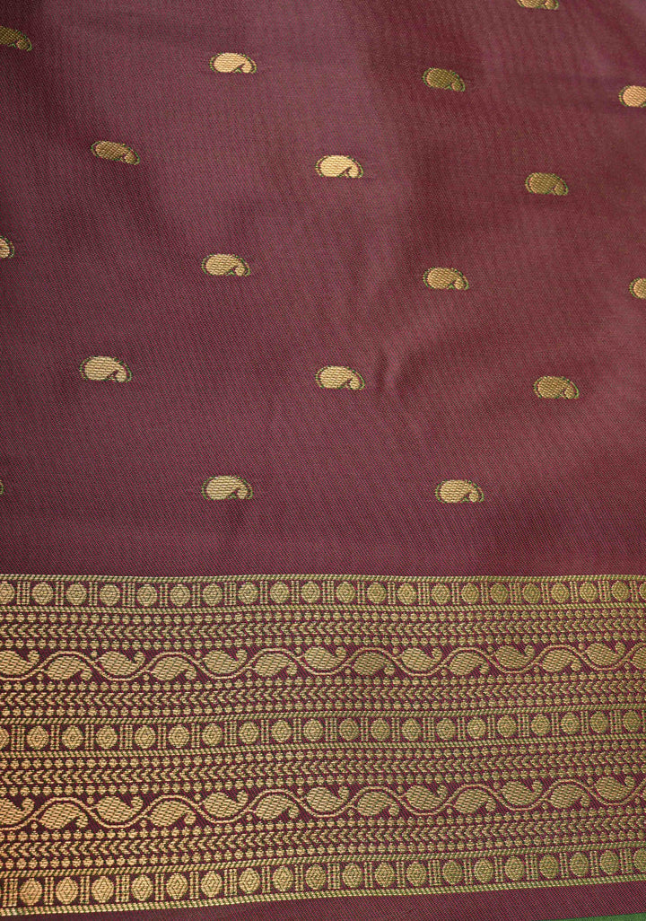 Sap Green Kanchi Semi Silk Saree with Peacock Buttas and Contrast Zari Border