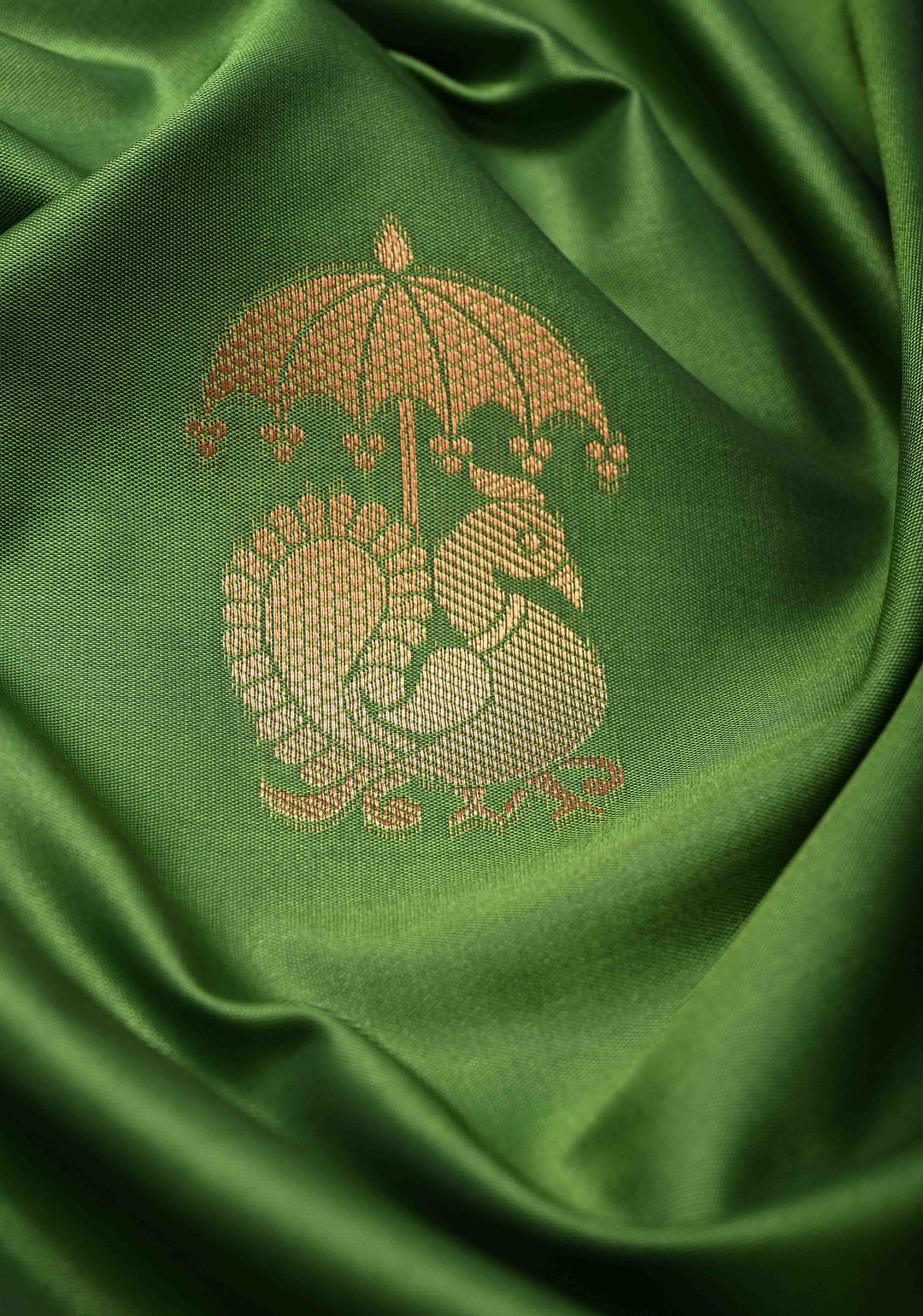 Sap Green Kanchi Semi Silk Saree with Peacock Buttas and Contrast Zari Border