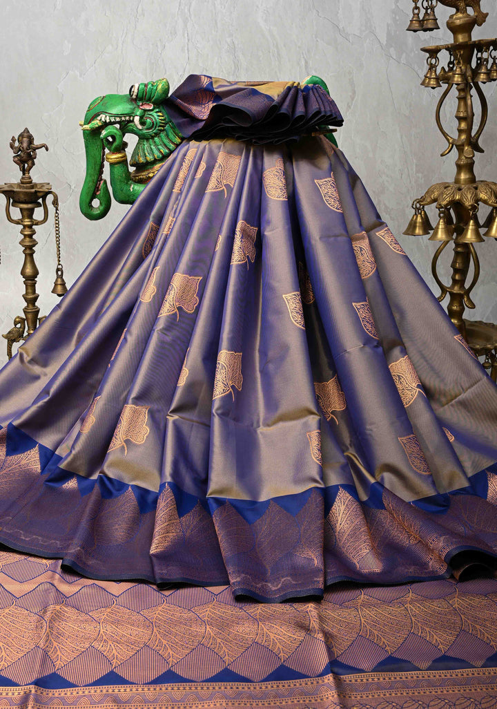 Blue Dual tone Kanchi Semi Silk Saree with Leaf Buttas and Zari Border