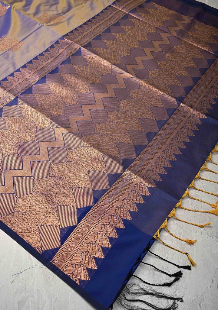 Blue Dual tone Kanchi Semi Silk Saree with Leaf Buttas and Zari Border
