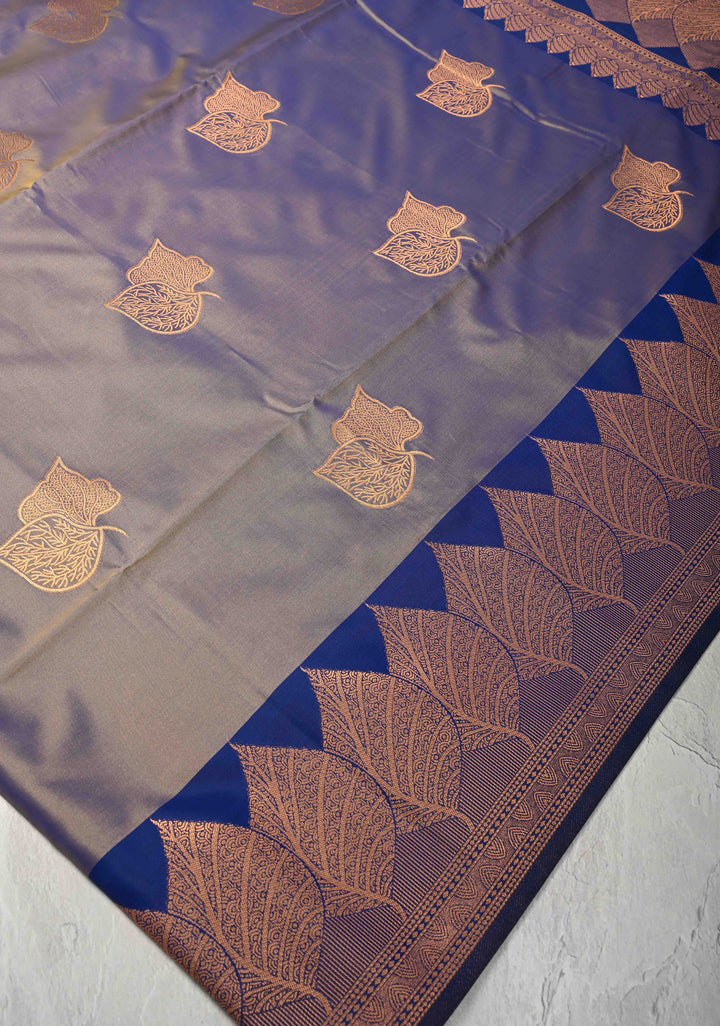 Blue Dual tone Kanchi Semi Silk Saree with Leaf Buttas and Zari Border