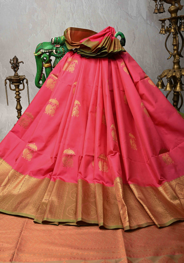 Bright Pink Kanchi Semi Silk Saree with Peacock Buttas and Zari Border