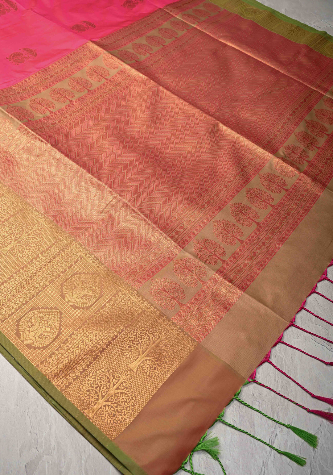 Bright Pink Kanchi Semi Silk Saree with Peacock Buttas and Zari Border
