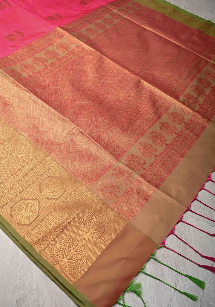 Bright Pink Kanchi Semi Silk Saree with Peacock Buttas and Zari Border