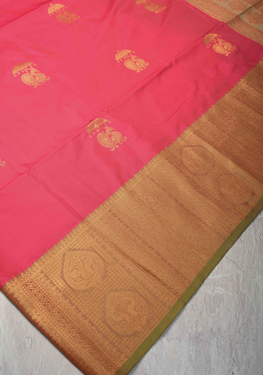 Bright Pink Kanchi Semi Silk Saree with Peacock Buttas and Zari Border