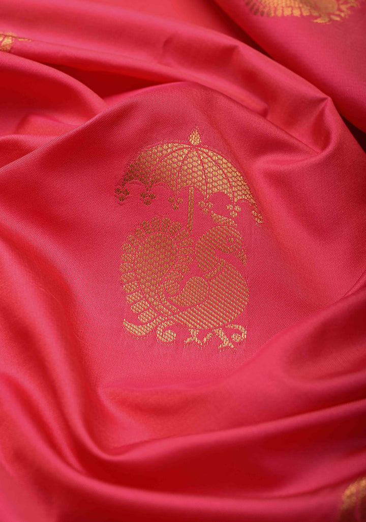 Bright Pink Kanchi Semi Silk Saree with Peacock Buttas and Zari Border